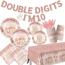 142 Pcs Rose Gold Double Digits 10th Birthday Decorations Tableware Set