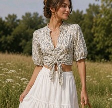 Mable Ditsy Floral Tie-waist Balloon Sleeve Crop Top Cottagecore Women's S