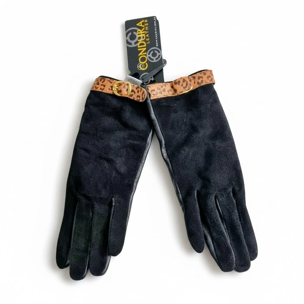 Condura Black Suede Leather Gloves Leopard Print Buckle Trim S/M NWT Aesthetic