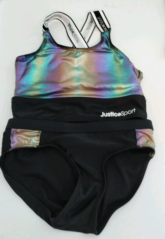 Justice Sport Girls Tankini Sz (10) Metallic- Black- Logo- Padded-wide Staps - Image 2 of 4
