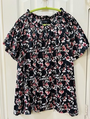 Lane Bryant 18/20 Black Pink White Floral Blouse Ruffle Neck Flutter Sleeve