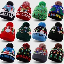 Adult Kids LED Christmas Beanie Knit Hat Light Up Tree Xmas Snowman Knitted Cap