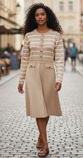 (H-224)MEROKEETY Women’s Knit Sweater Dress Beige Striped Button Front Size M
