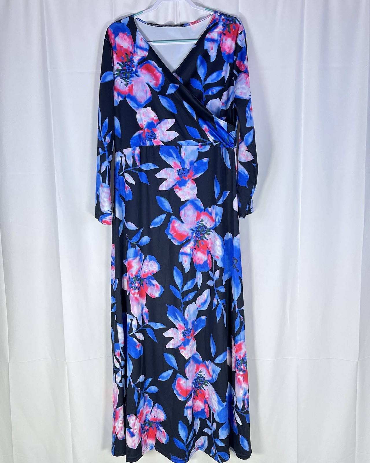 Women’s Floral Maxi Dress Long Sleeve Faux Wrap Stretch Blue Pink Black Size L