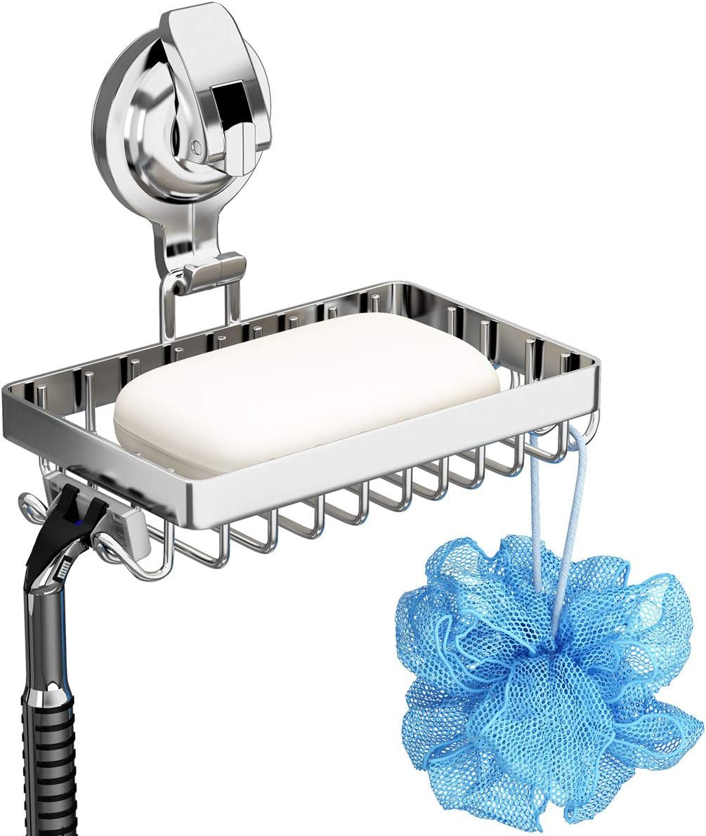 Soap Holder Shower, Suction Cup Dish for Shower with 4 Hooks, 304 Silver 