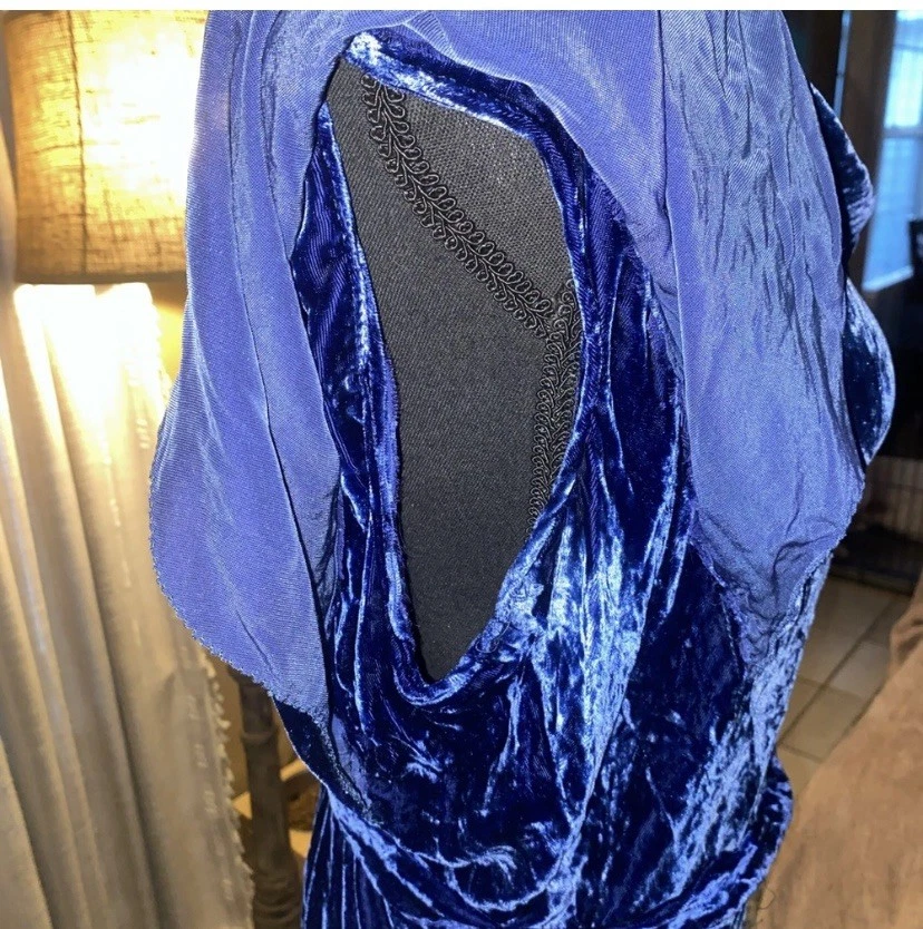 Vintage 1930s Blue Silk Velvet Gown Dress Flutter Sleeves Bias Cut Maxi Belt - Image 2 of 4