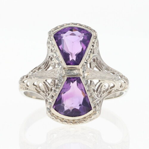7.05mm Fancy Cut Amethyst 2-Stone Art Deco Filigree Ring 14k White Gold Size 6.5