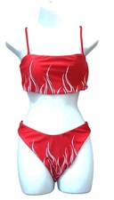 Womens Red Bikini Set Flame Print & Lace-Up Back By Zaful Med/ 6 Pool Beach Sexy