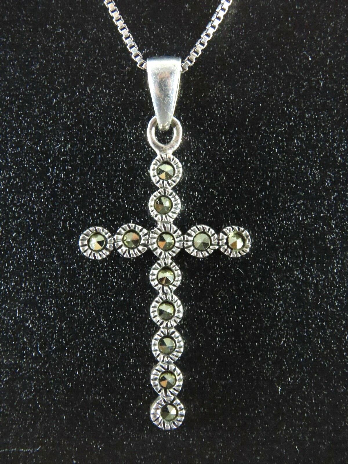 STERLING SILVER Box Chain Necklace MARCASITE BEZEL BEADED Cross Pendant 16
