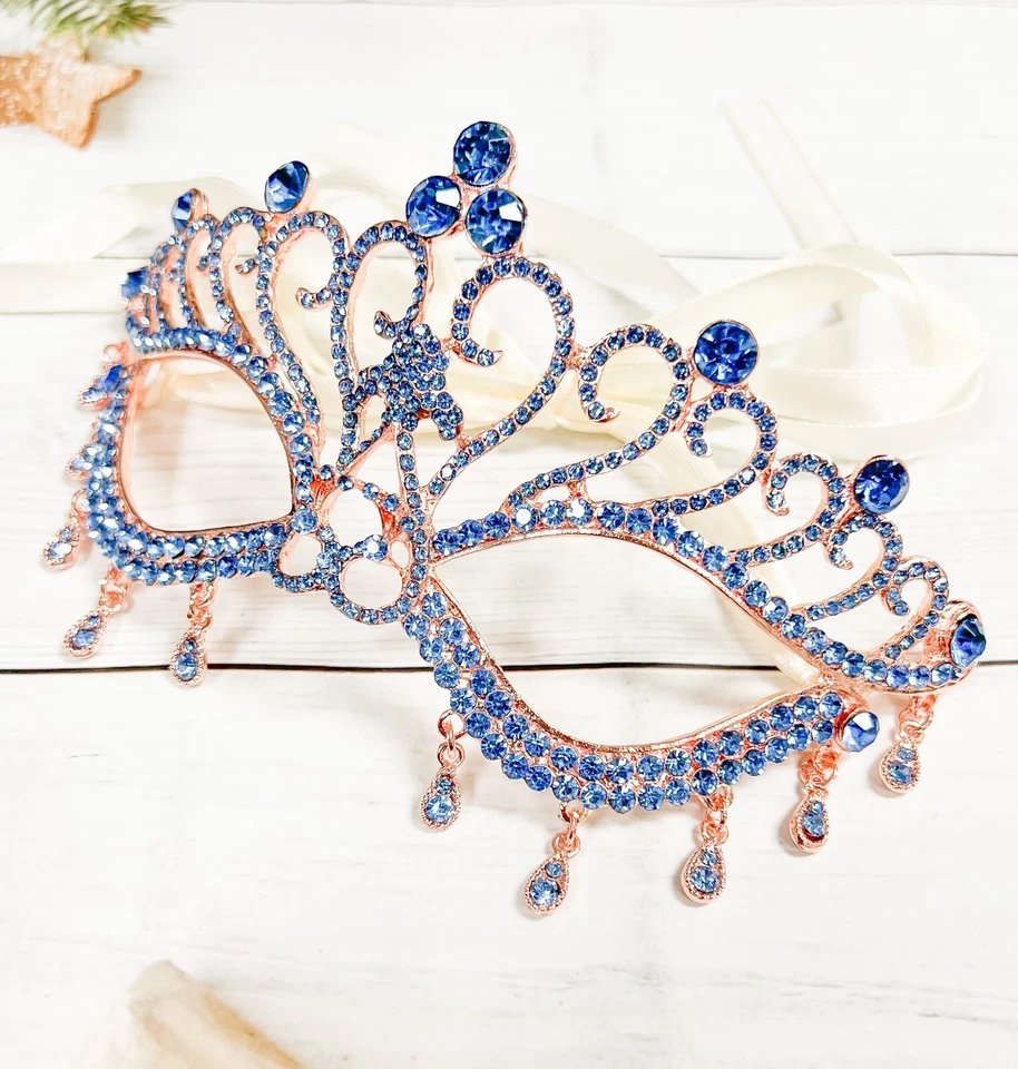 Blue Crystal Masquerade Mask, Rose Gold Mardi Gras Mask, Sapphire Teardrop Mask - Image 2 of 4