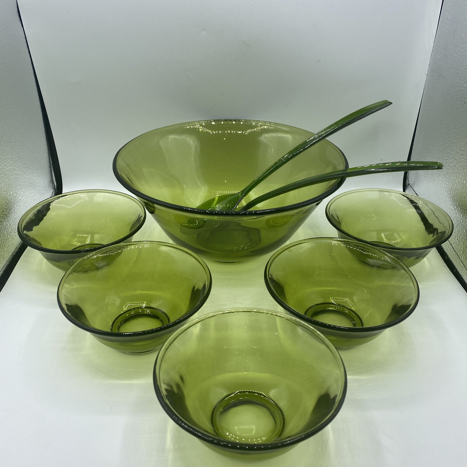 Vintage Avocado Green Glass Salad Serving Bowl Set Plastic Utensils Mid