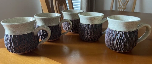 Lot 5 Signed Russ Baldwin Pottery Mugs Coffee Cups Tree Bark Canada Red Clay