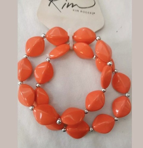 Two Orange Lucite Beads W/ Silver Spacers Stretch Bracelet Fits 7-1/2" - Picture 2 of 8