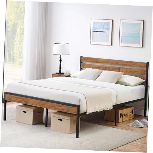 Queen Size Bed Frame with Wood Headboard, Platform Bed Frame Queen Size with