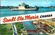 Postcard Sault Ste. Marie Ontario Ont Canada Multi-View Locks Dam Ferry Boat