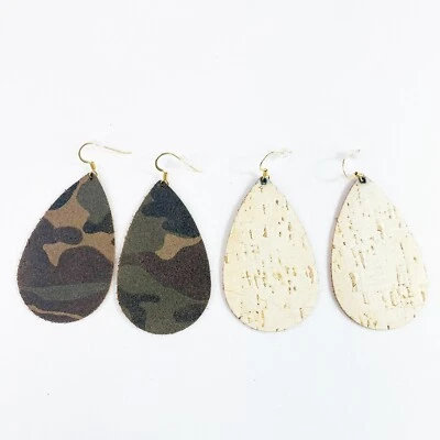 Nickel & Suede Leather Teardrop Dangle Earrings Bundle Of Two Cork & Camo - Image 1 of 4