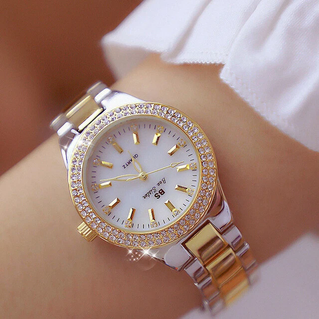 Reloj De Pulsera Mujer Oro Lujo Cristal Plata Acero Inoxidable Plateado | eBay