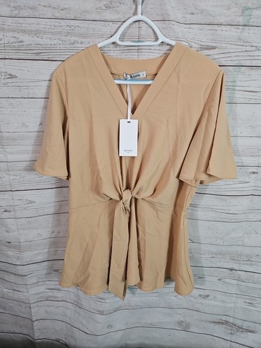 GRACE KARIN Women's Elegant V Neck Peplum Tops Tie Front Short Bell Sleeve Tan