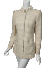 ELIE TAHARI Ivory Black Flat Boucle Wool Pleated Grosgrain Neck Blazer Jacket 6