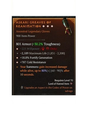 Diablo 4 S14 Askari Greaves Of Reanimantion 3GA Legendary Gloves Gear Equipment