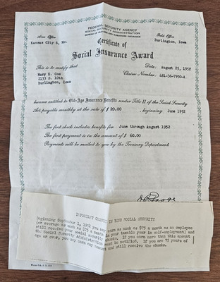 1952 Social Security Insurance Award Notice Mary Coe Burlington, Iowa