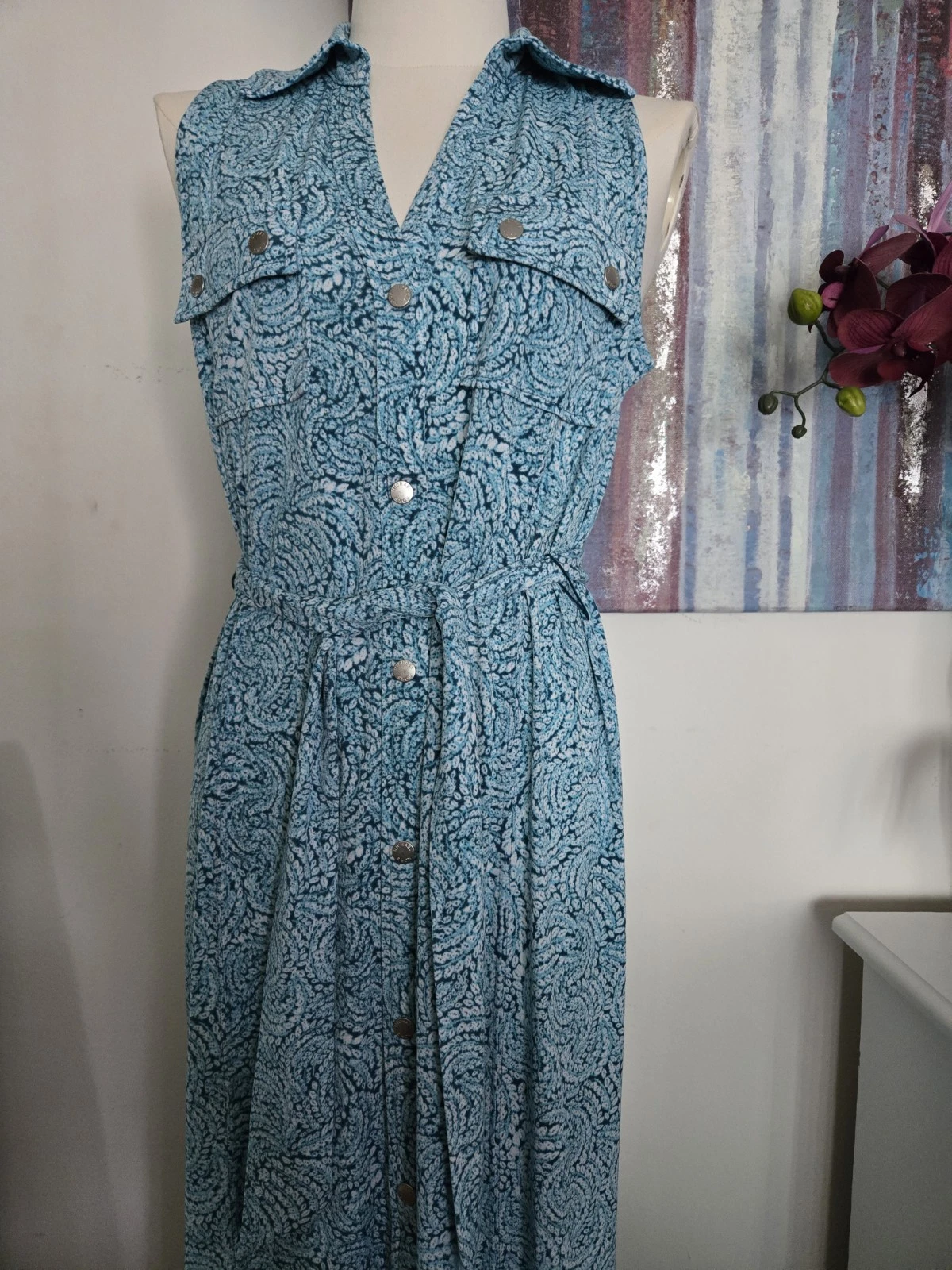 Maxi camicia donna Michael Kors stampa turchese con cintura senza maniche tasche