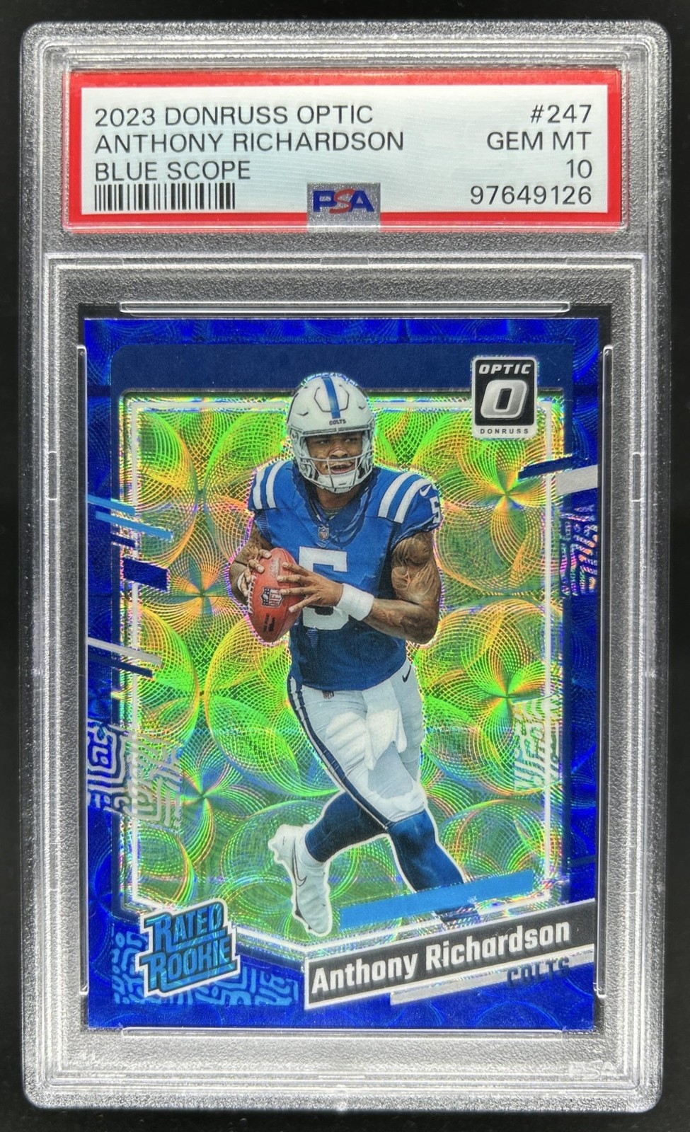 2023 Donruss Optic Anthony Richardson Blue Scope Prizm Rated Rookie #247 PSA 10 view 1