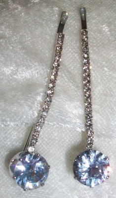Pair Baby Blue Crystal Silver Toned Pave Rhinestone Hair Accessory Bobby Pins