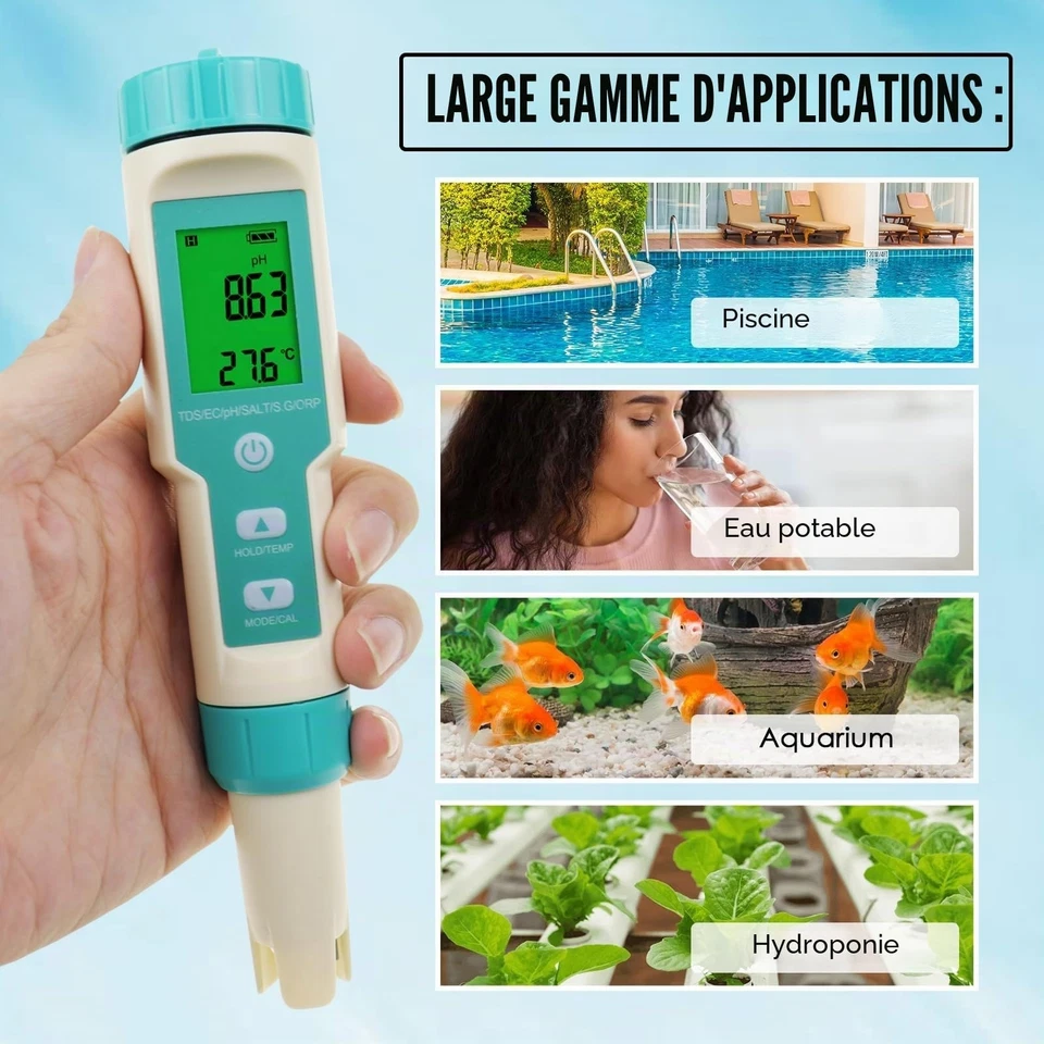 Testeur d'eau numérique 7 en 1 avec mesure du pH, TDS, EC, ORP, sel, S.G et d... - Photo 2/4