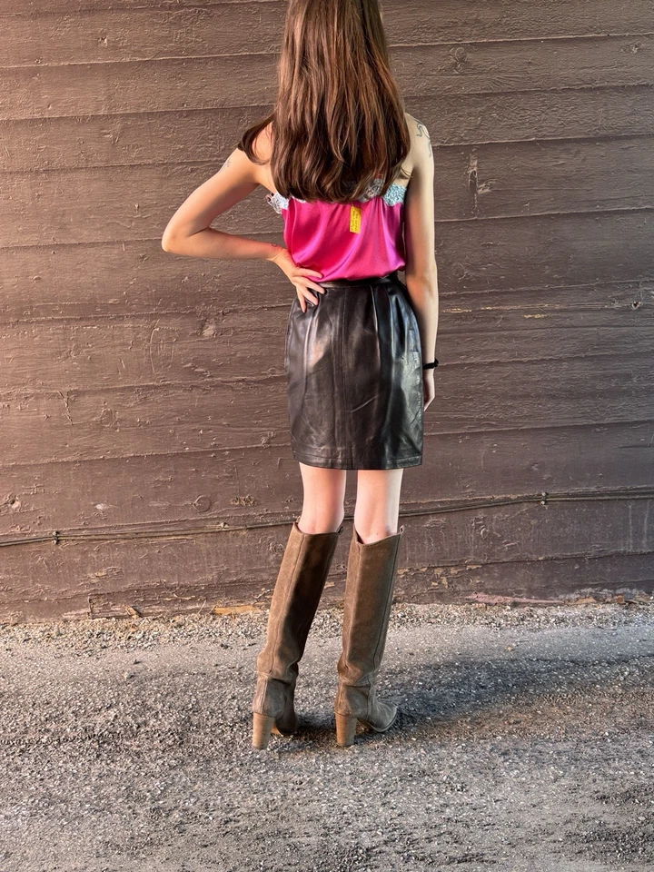 Minifalda de cuero vintage años 80 YSL Yves Saint Laurent-XS-Negro-rive gauche Foto 2 de 4