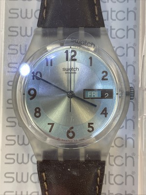 Swatch Watch Blue Conker Gents 34mm GE704 2009 Leather Day/Date WORKS