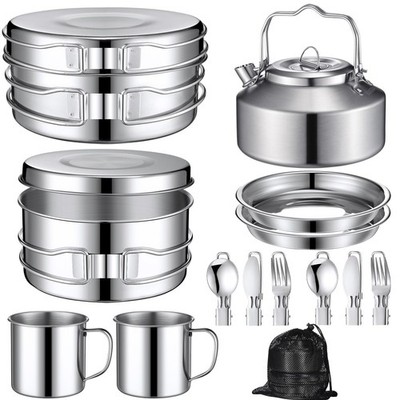15 Pcs Camping Cookware Mess Kit Outdoor Cooking Set Stainless Steel with Pot an