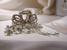 Beautiful Metal Flower Hair Claw Clip With Dangle Faux Pearls