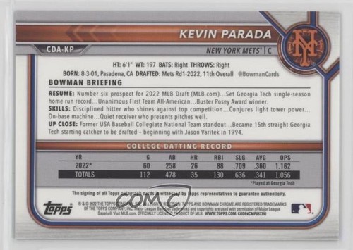 2022 Bowman Draft Chrome Pick Purple Refractor /250 Kevin Parada #CDA-KP Auto - 第 2/3 張圖片