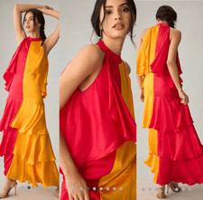 Anthropologie Pinnacle X Shruti Orange Pink Colorblock Ruffle Maxi Dress Medium