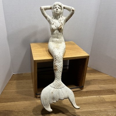 Large 18  Ivory Cast Iron Shelf Sitting Mermaid Statue Indoor/Outdoor Sculpture 
