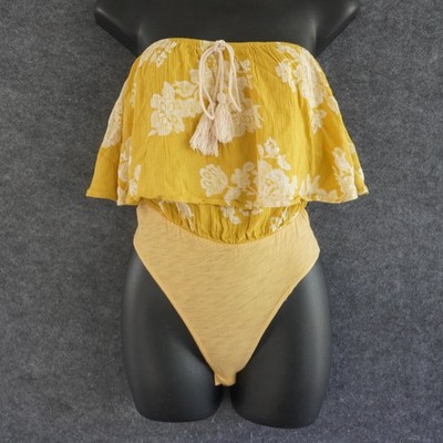Emory Park Yellow Floral Ruffle Strapless Bodysuit Small Rayon Cotton Boho Tasse