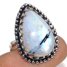 925 Silver Plated Top Quality Rainbow Moonstone Ring Size US 8.5 MJ