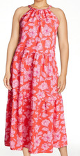 Braided Halter Neck NWT Tiered Midi Dress Women's XL (16-18) Orange Pink Pockets