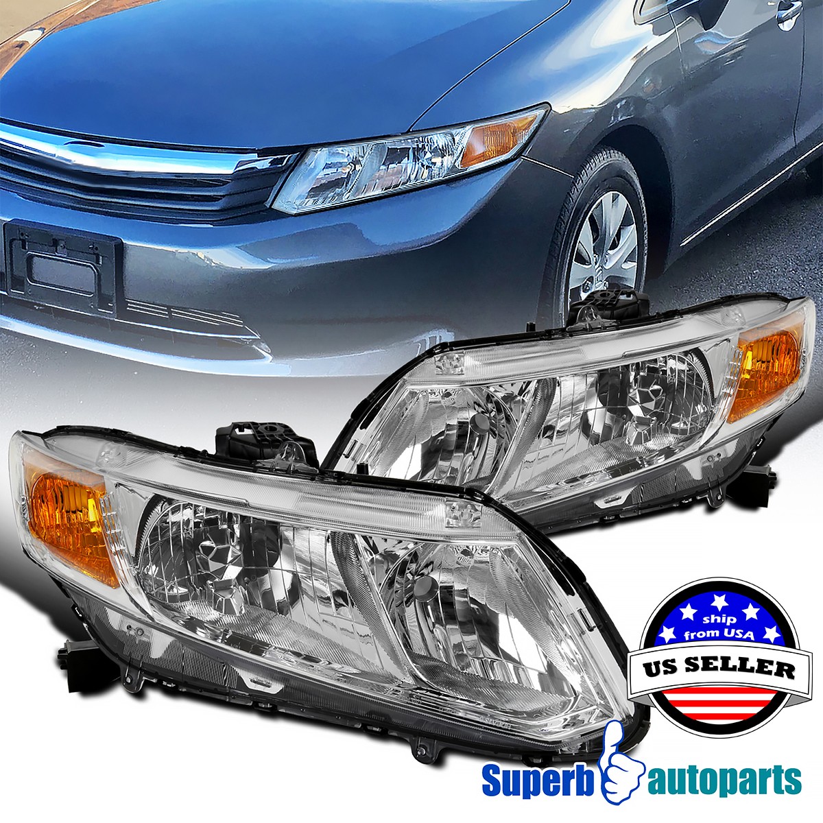 Fit 2012-2015 Honda Civic Sedan 12-13 Coupe Headlights Head Lamp Pair Left&plus;Right