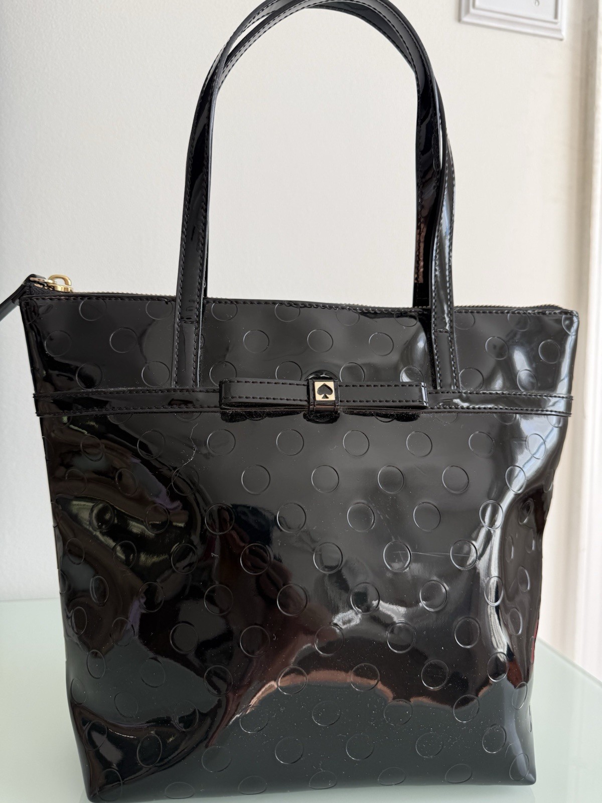 ✿ Kate Spade New York Black Patent Leather Tote Bag Polka Dot Embossed