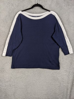 Chaps Blouse Top Womens 2X Blue Cotton Contrast Stripes Boat Neck Lace Up Sleeve