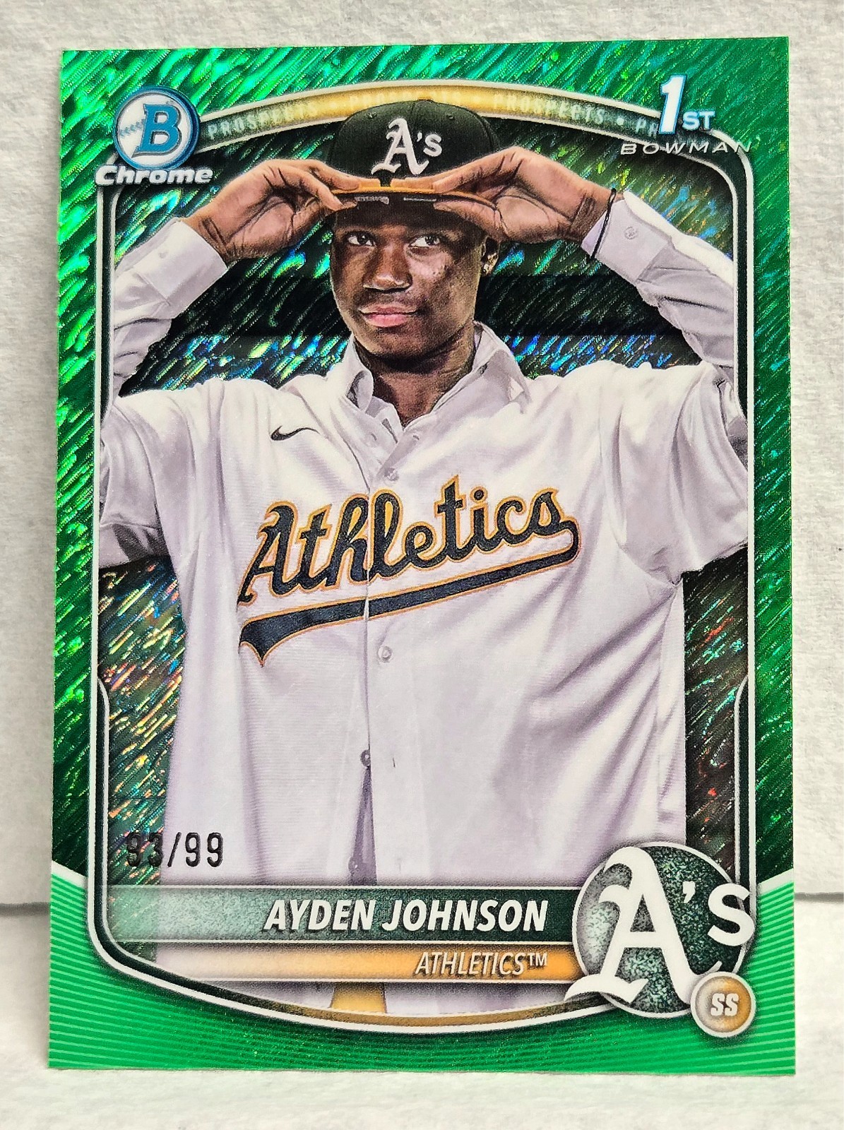 2025 1st bowman chrome Ayden Johnson #BCP-197 93/99 SSP green shimmer MINT
