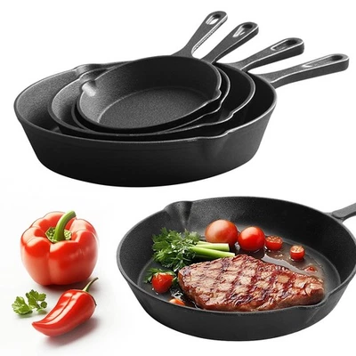 4 Stück Gusseisen Grillpfanne Mit Griff Gusseisenpfanne Voreingebrannte Steak DE - Bild 1 von 4