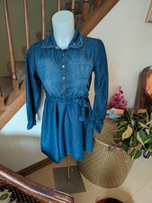 Fit Flare Denim Dress W/ Pockets Rhinestone Collar By Justice Girls XL 14/16
