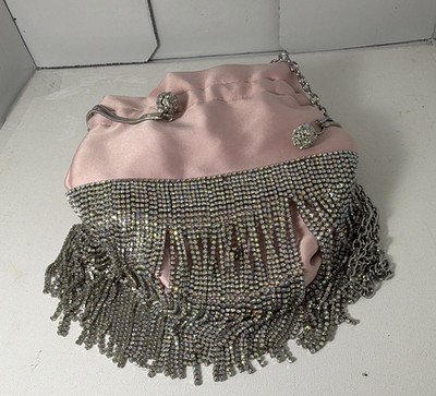 D&G Pink Shoulder Bag Rhinestone Fringe Accents Silver Chain Strap Drawstring
