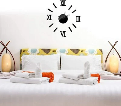 VESTIAMO CASA OROLOGIO ADESIVO DA PARETE EFFETTO 3D NERO DESIGN MODERNO NUMERI ROMANI A MURO