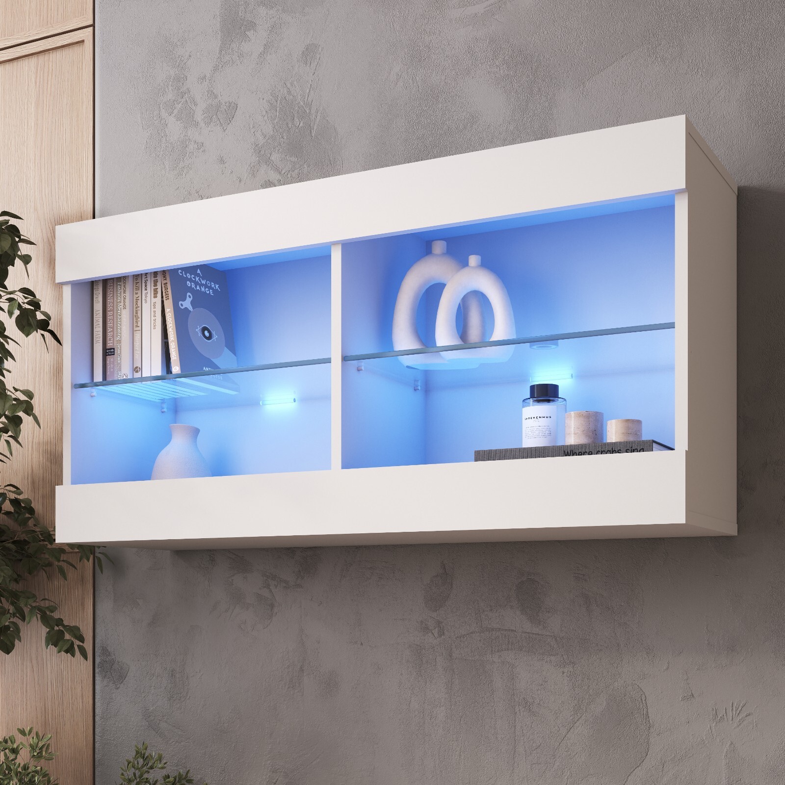 komodee Vitrine Suspendue Tivoli Horizontal 100, Noir Blanc Chêne, LED en option