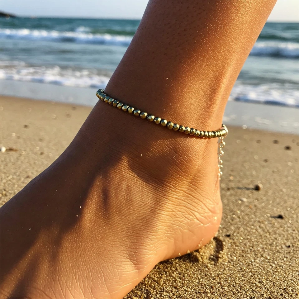 Tobillera de pirita natural curación Reiki delicada tobillera de cristal dorado energía regalo para mujeres Foto 2 de 4