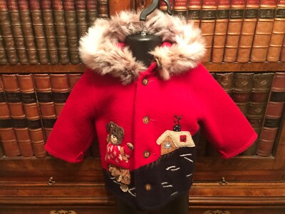Giesswein österreichische Baby Jungen rot & blau Wolle Fellbesatz Kapuze Jacke - 6-9 Monate